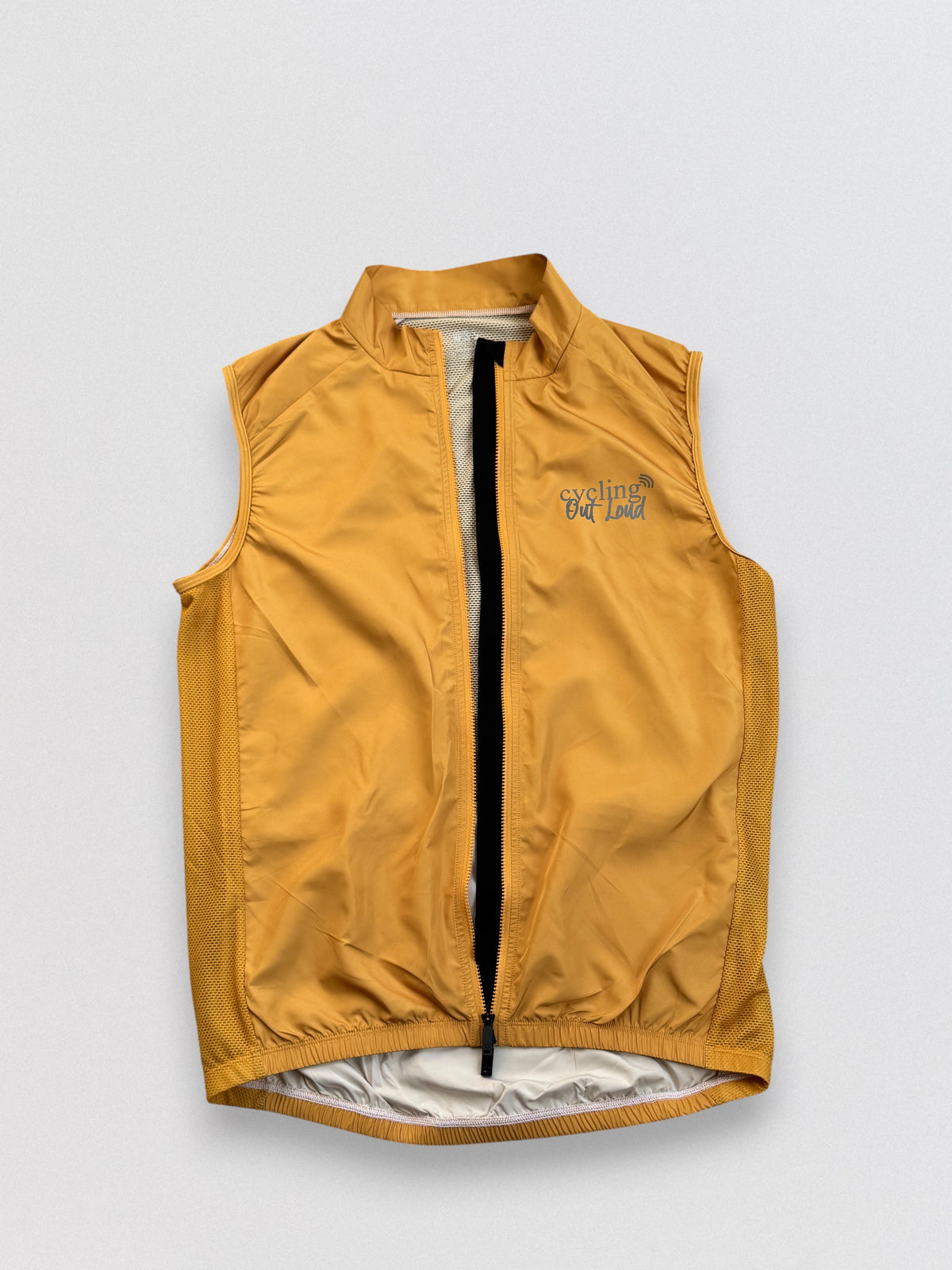 Cycling Out Loud unisex gold cycling vest/gilet, zipper detail, women's fit