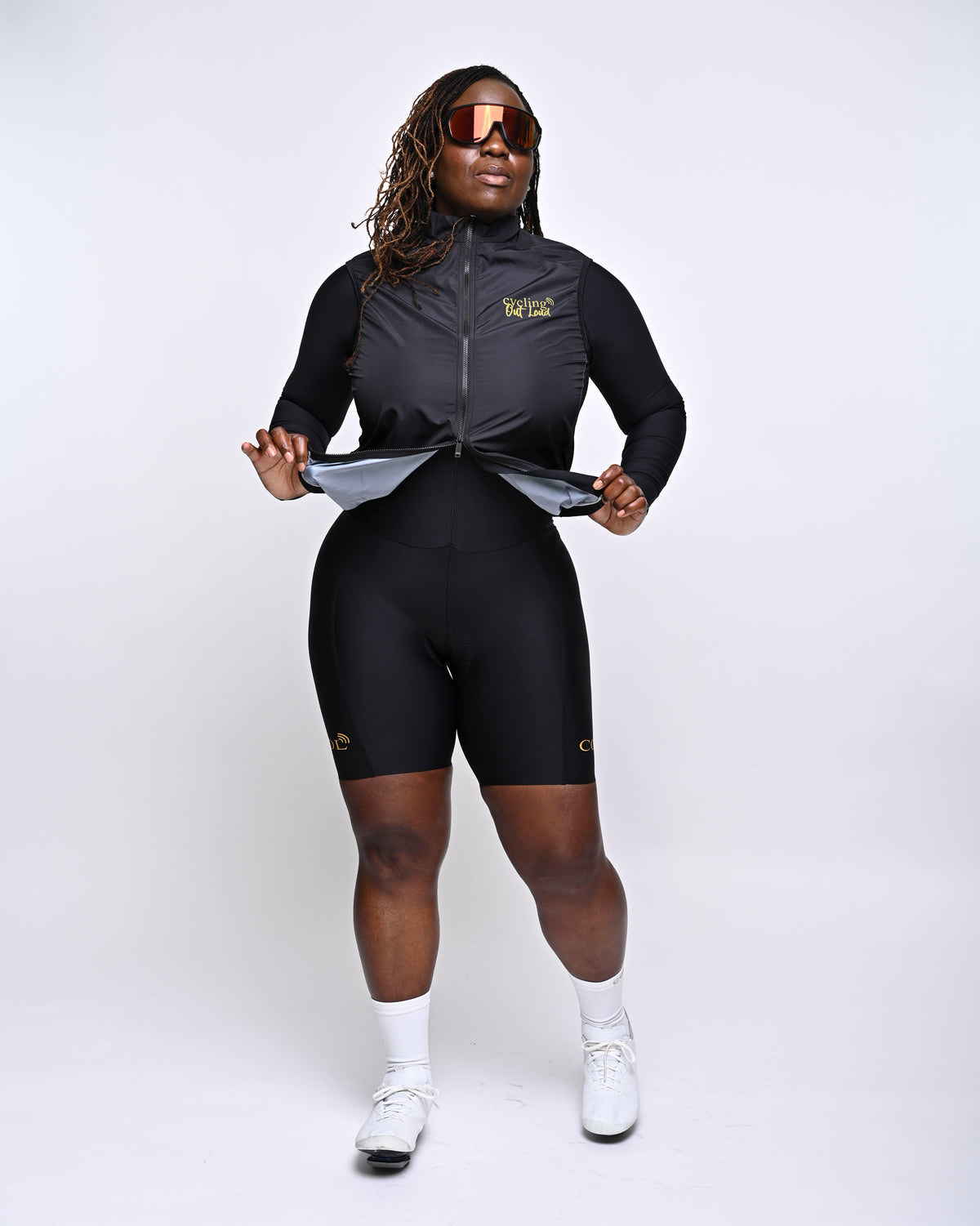 Cycling Out Loud unisex black cycling vest/gilet, front view, women's fit