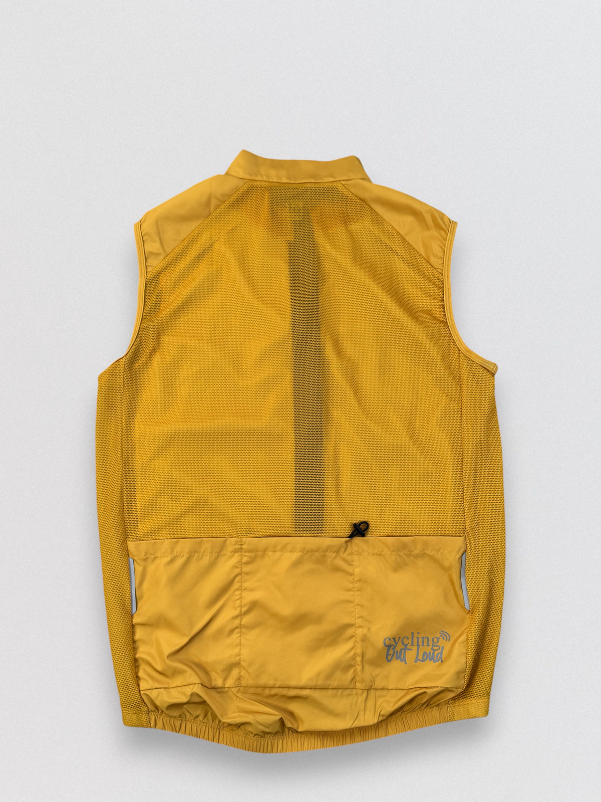 Cycling Out Loud unisex gold cycling vest/gilet, worn on model, front angle, women's fit
