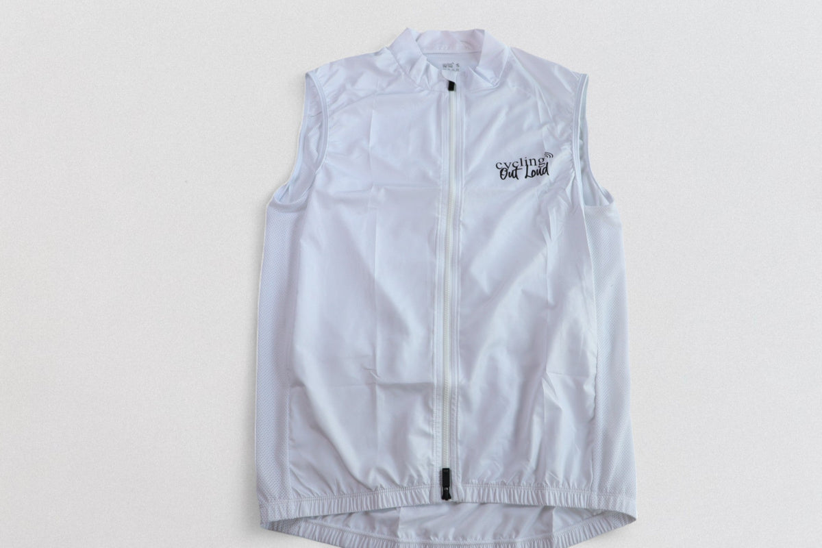 Cycling Out Loud unisex white cycling vest/gilet, worn on model, side view, women's fit
