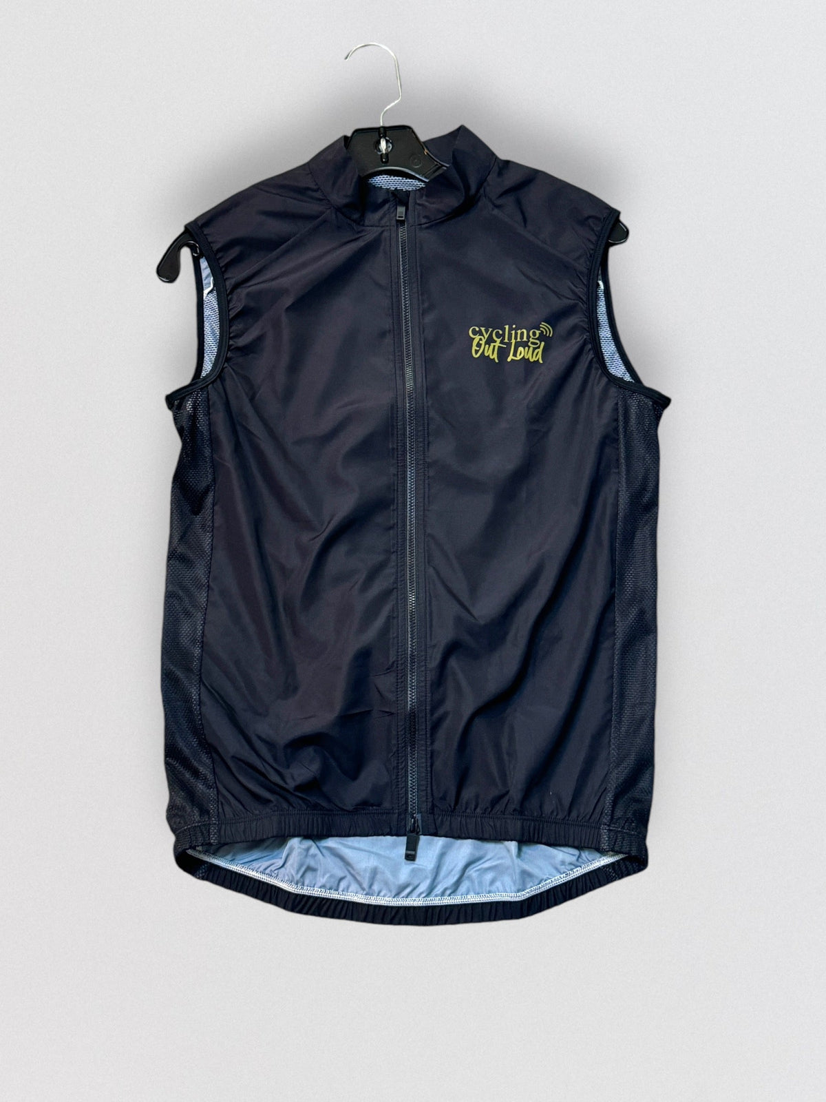 Cycling Out Loud unisex black cycling vest/gilet, zipper detail, women's fit