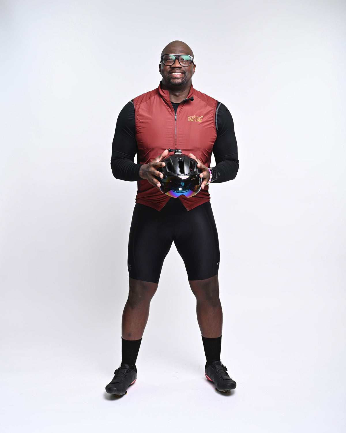 Cycling Out Loud unisex crimson cycling vest/gilet, front view, men's fit