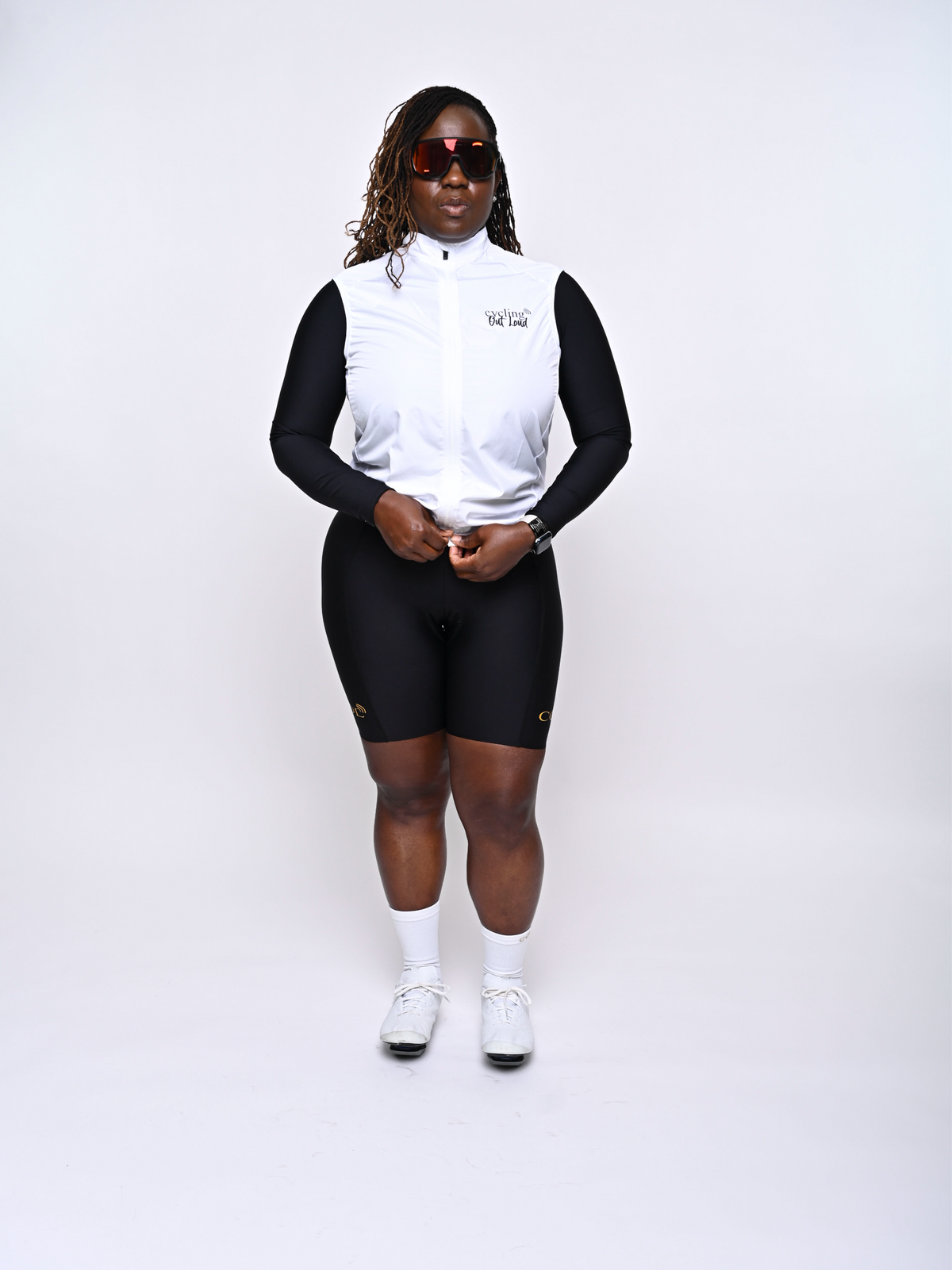 Cycling Out Loud unisex white cycling vest/gilet, front view, women's fit
