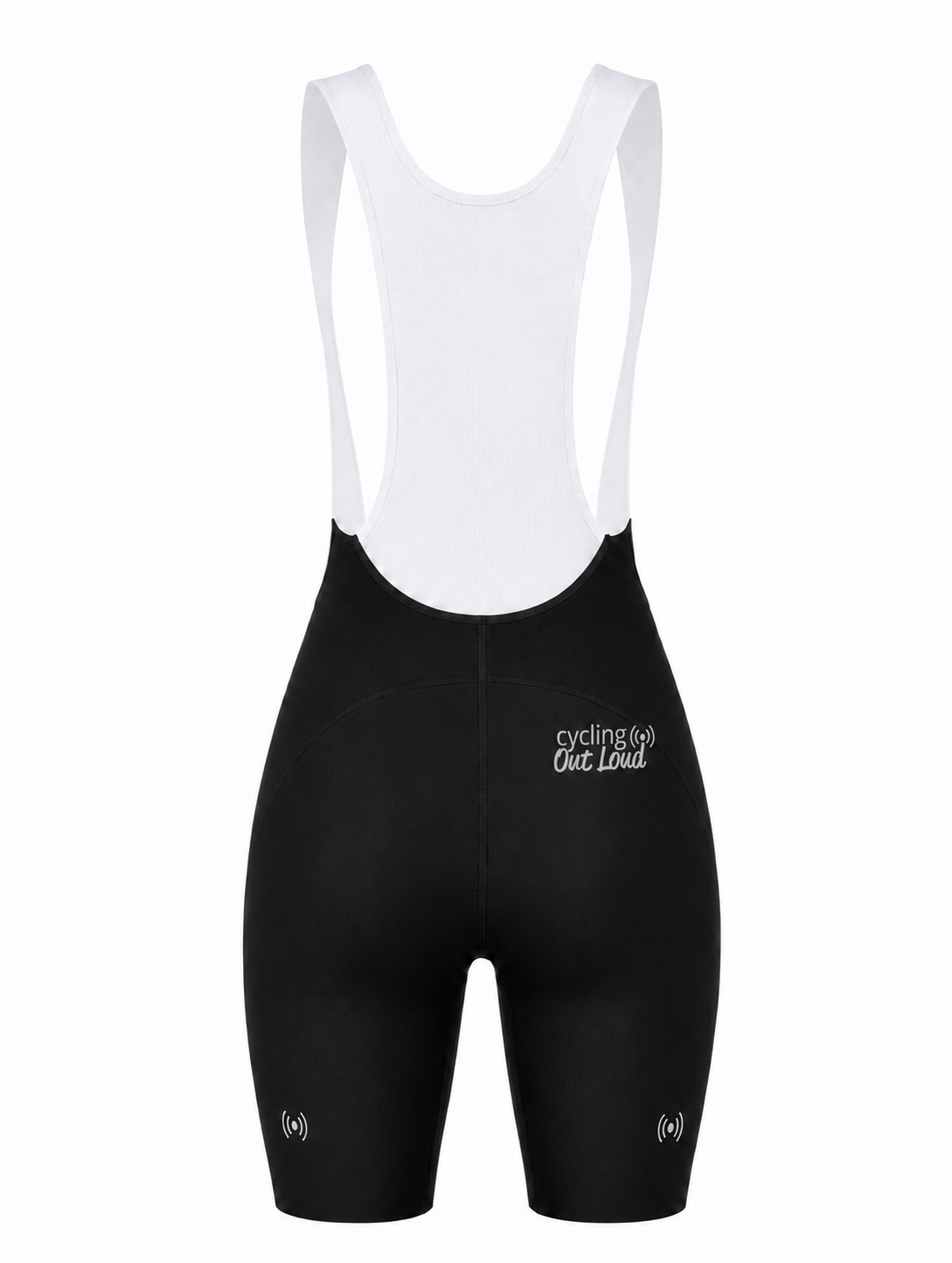 Cycling Out Loud Custom Horsemen Cycling women's seamless bibs in black, front view