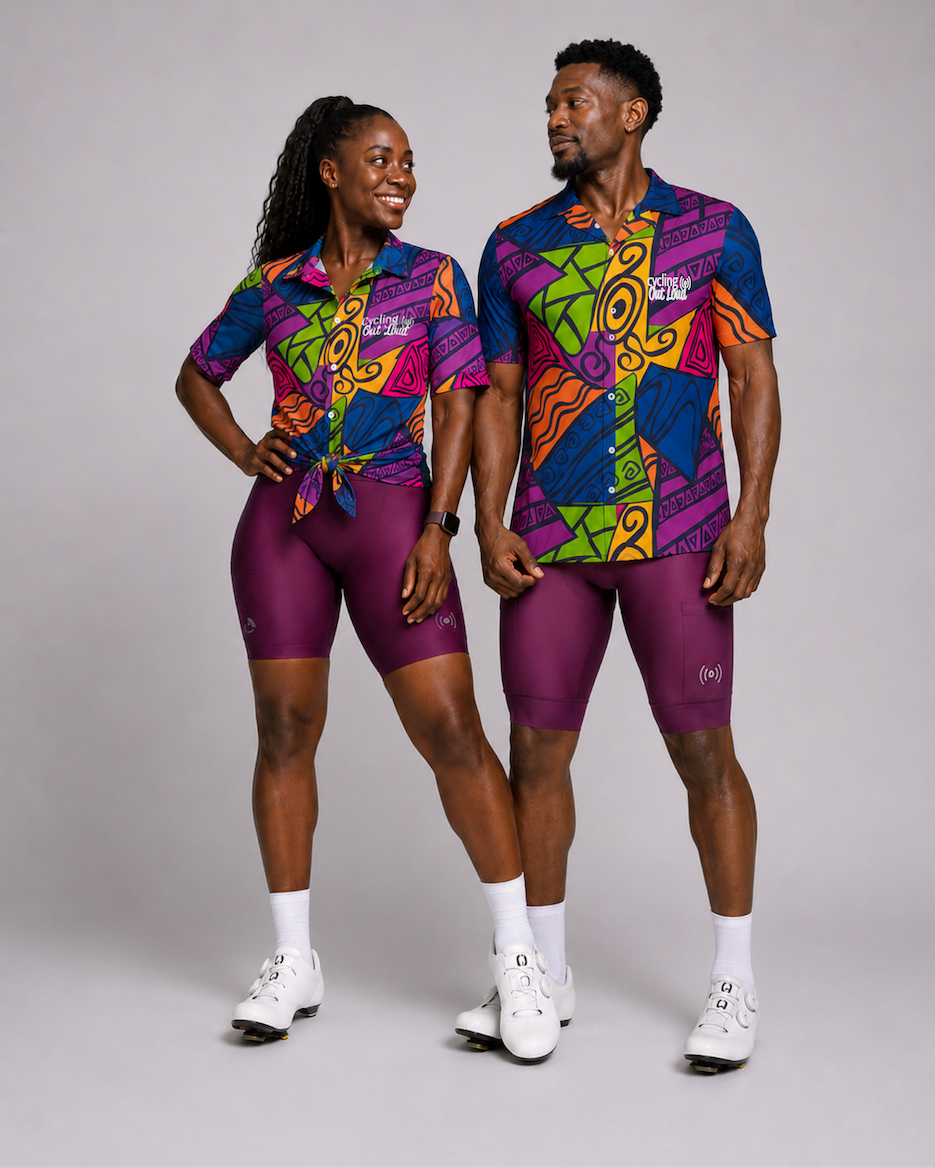Cycling Out Loud Patchwork athletic button-down party shirt, front view