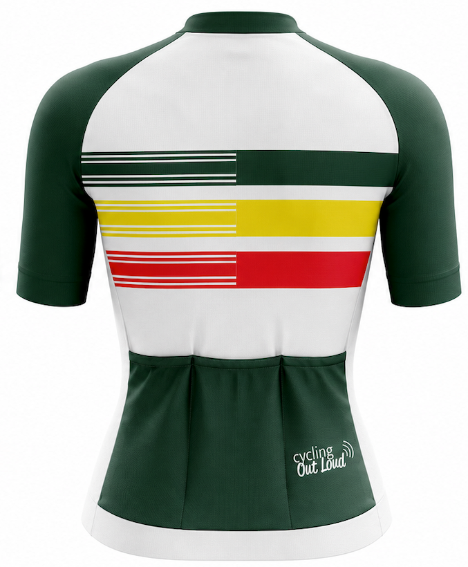 Cycling Out Loud Women's Trifecta jersey worn on model, side view